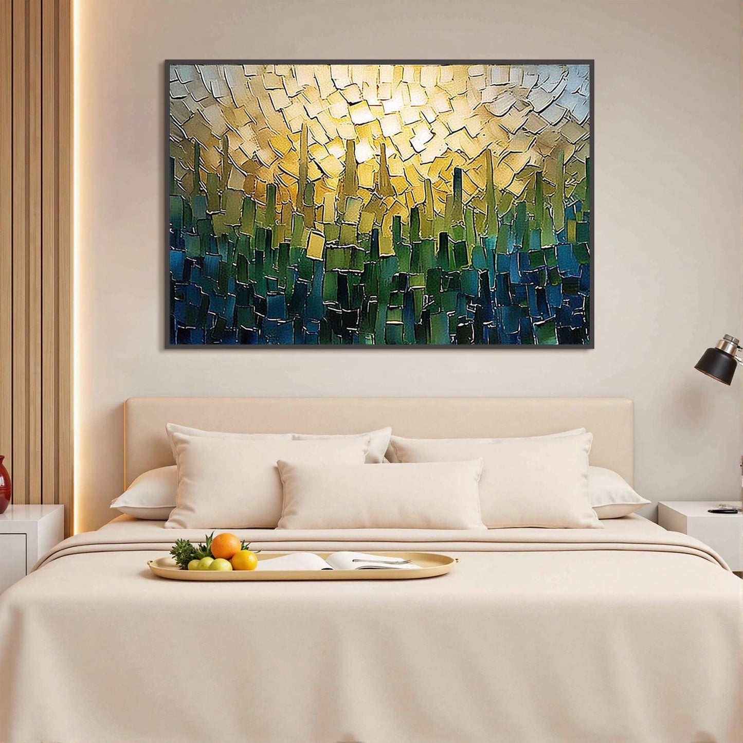 Gold & Green Impasto City Architecture Wall Art – Textured Cityscape Oil Painting