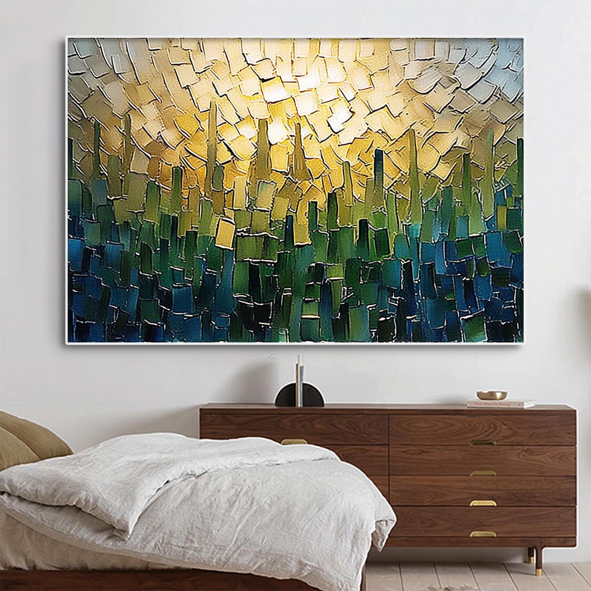 Textured Cityscape Oil Painting, Gold & Green Impasto Canvas Art – Green and Gold Urban Abstract City Architecture Wall Art |