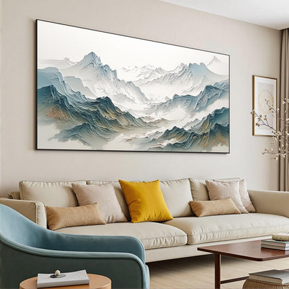 Textured Mountain Painting, Abstract Landscape Canvas Art, Japandi Living Room Decor – Blue and White Valley Landscape Wall A