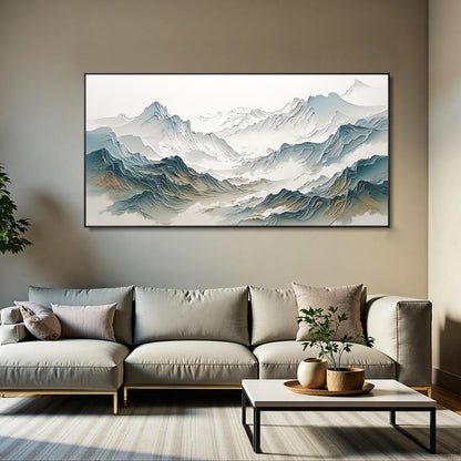 Textured Mountain Painting, Abstract Landscape Canvas Art, Japandi Living Room Decor – Blue and White Valley Landscape Wall A
