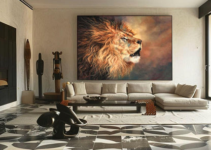 May include: A large rectangular canvas displays a detailed painting of a lion's head and mane. The lion's fur is a mix of golden and brown hues, with a focus on the side profile. The background has a gradient of colors, from brown to orange.