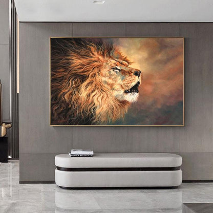May include: A framed painting of a roaring lion with a golden mane. The artwork features warm tones of orange, brown, and gold, creating a dramatic and powerful image. The lion's open mouth and intense gaze convey strength.