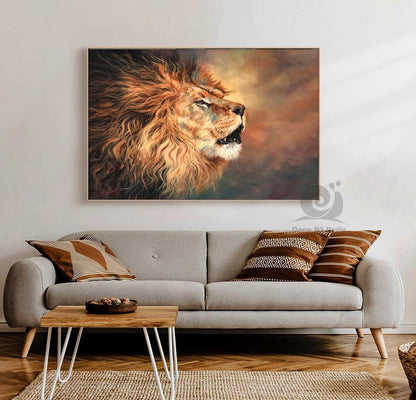 May include: A framed canvas print of a roaring lion. The lion's mane is a vibrant mix of orange and brown, with a detailed depiction of fur. The background features warm, earthy tones, creating a dramatic effect. The artwork is displayed above a gray sofa.