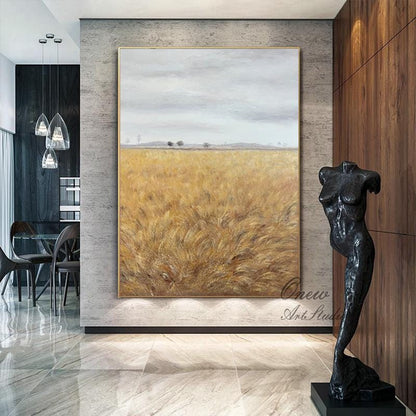 Impressionist Wheat Field Oil Painting on Canvas, Large Original Landscape Canvas Wall Art, Modern Rural Scenery Painting for Living Room