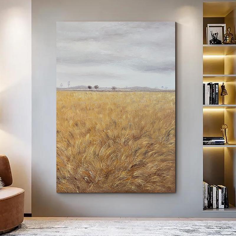 Impressionist Wheat Field Oil Painting on Canvas, Large Original Landscape Canvas Wall Art, Modern Rural Scenery Painting for Living Room