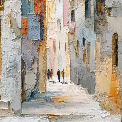 Textured Cityscape Painting, Beige Palette Knife Impasto Canvas, European Alleyway Art – Blue and Orange Cityscape City Archi