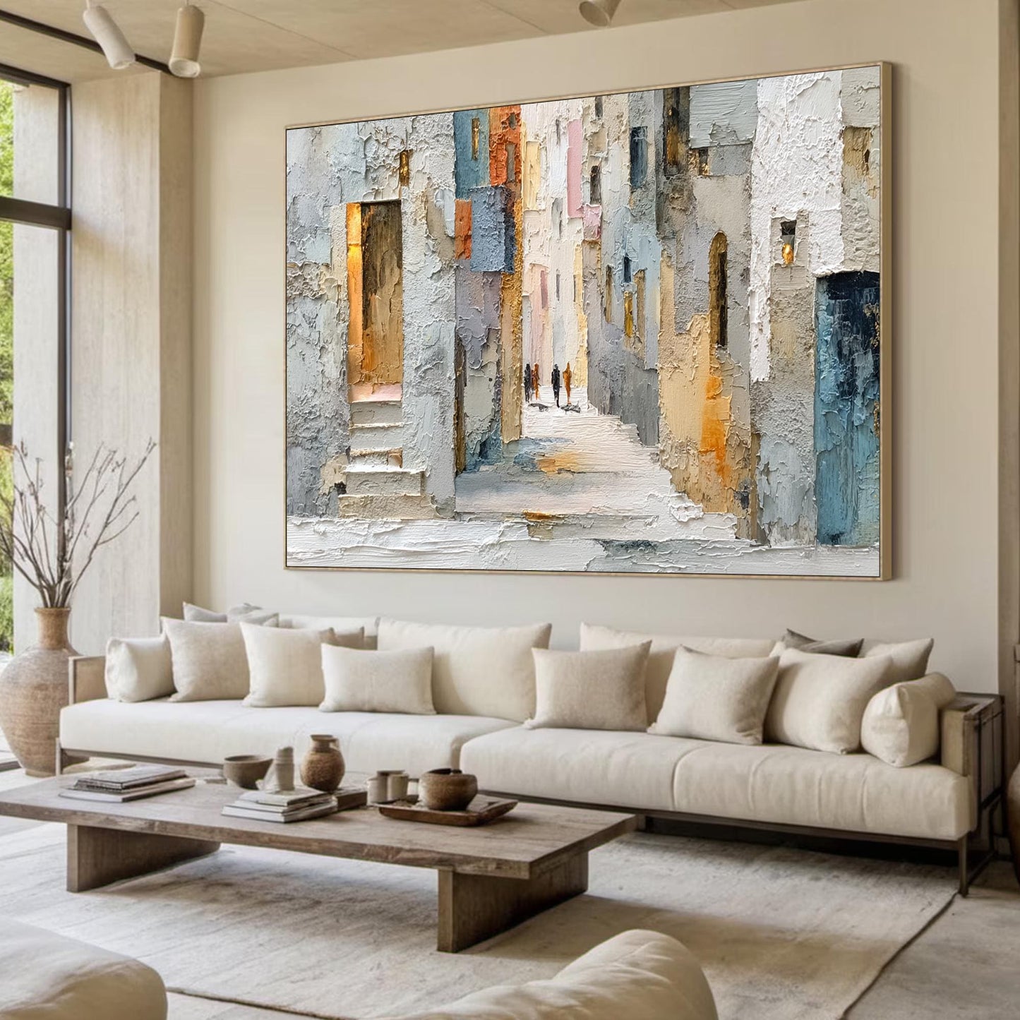 Textured Cityscape Painting, Beige Palette Knife Impasto Canvas, European Alleyway Art – Blue and Orange Cityscape City Archi