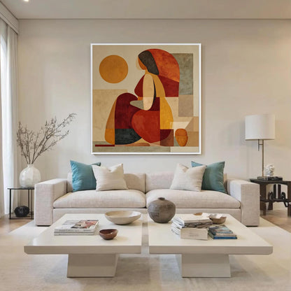 Terracotta and Orange Cubist Figure Portrait Wall Art – Abstract Woman Oil Painting