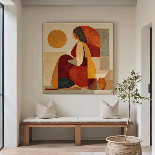 Abstract Woman Oil Painting, Geometric Figure, Earth Tone Wall Art, Square Canvas Boho Decor – Terracotta and Orange Figurati