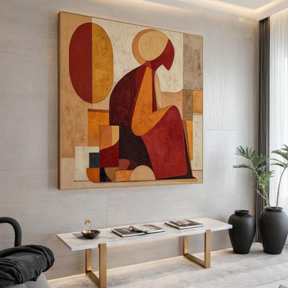 Abstract Woman Figure Painting, Geometric Earth Tone Canvas Art, Bohemian Living Room Decor – Terracotta and Red Figurative F