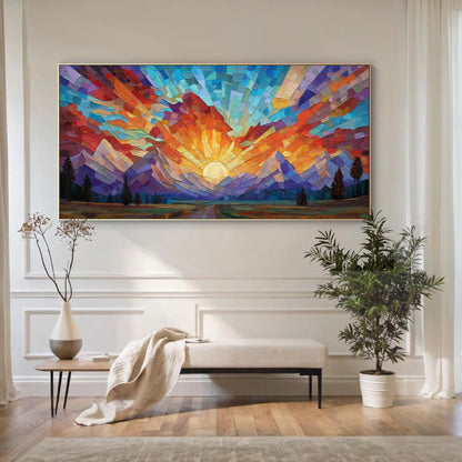 Mosaic Sunset Painting, Geometric Mountain – Orange and Red Sunset Geometric Wall Art | Painting, view 2