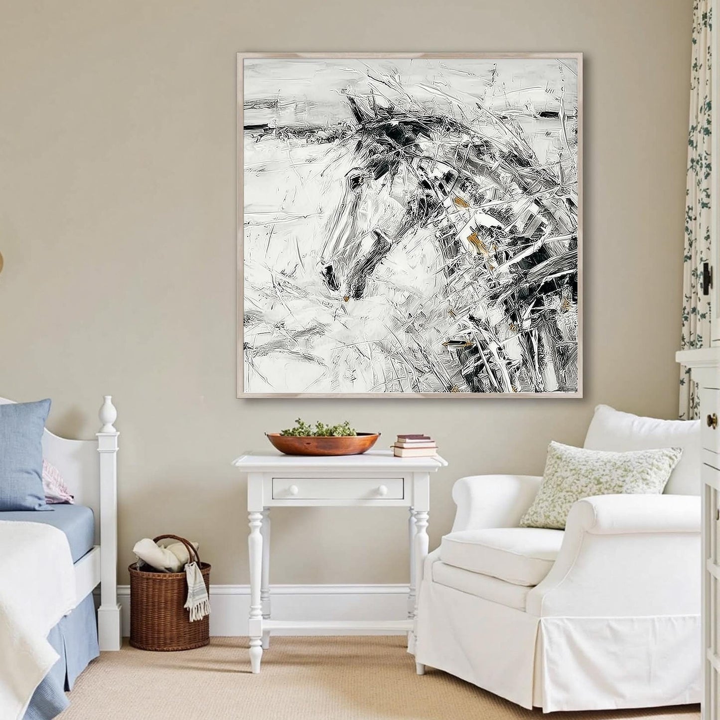 Abstract Horse Animal Wall Art – Black and White Equestrian Painting
