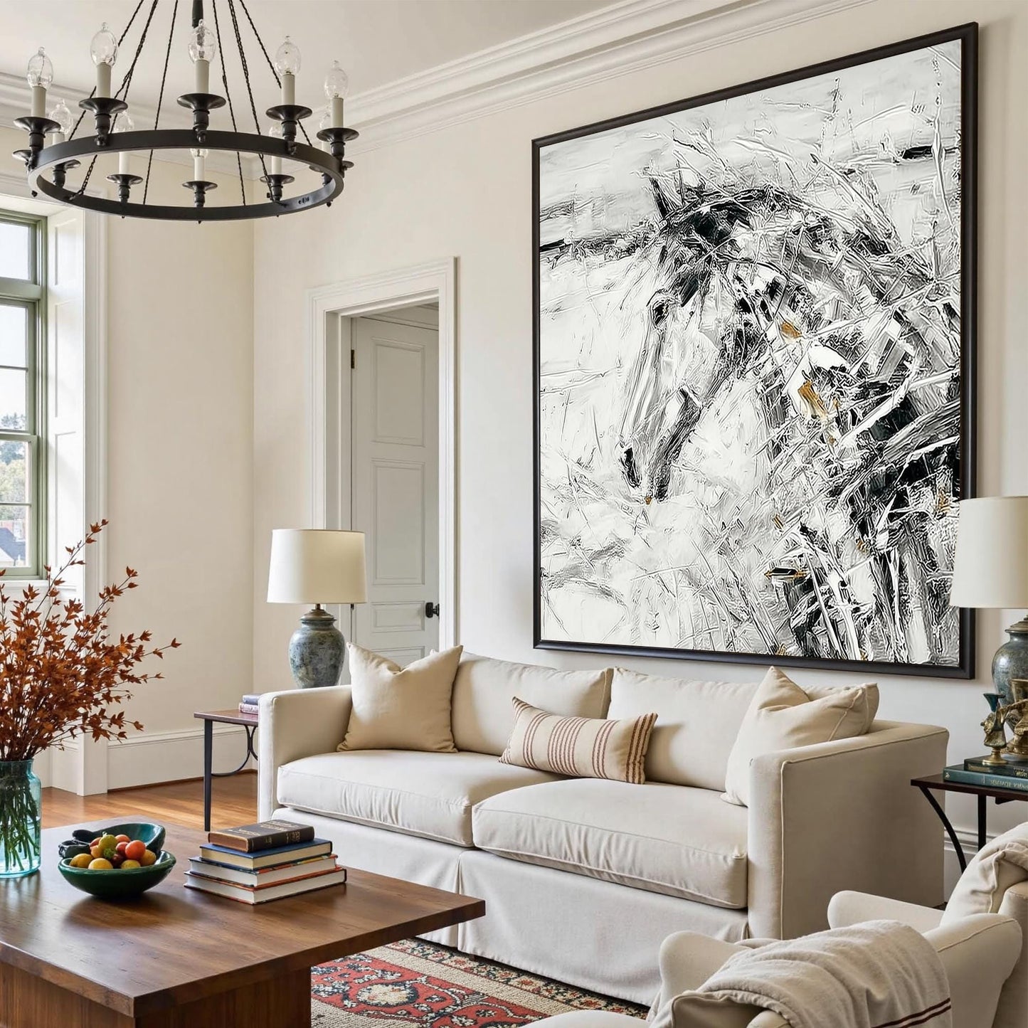 Abstract Horse Painting, Black White Equestrian Art, Framed Canvas – Gold and Black Horse Animal Wall Art | Abstract Painting