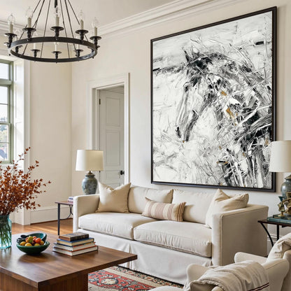 Abstract Horse Painting, Black White Equestrian Art, Framed Canvas – Gold and Black Horse Animal Wall Art | Abstract Painting