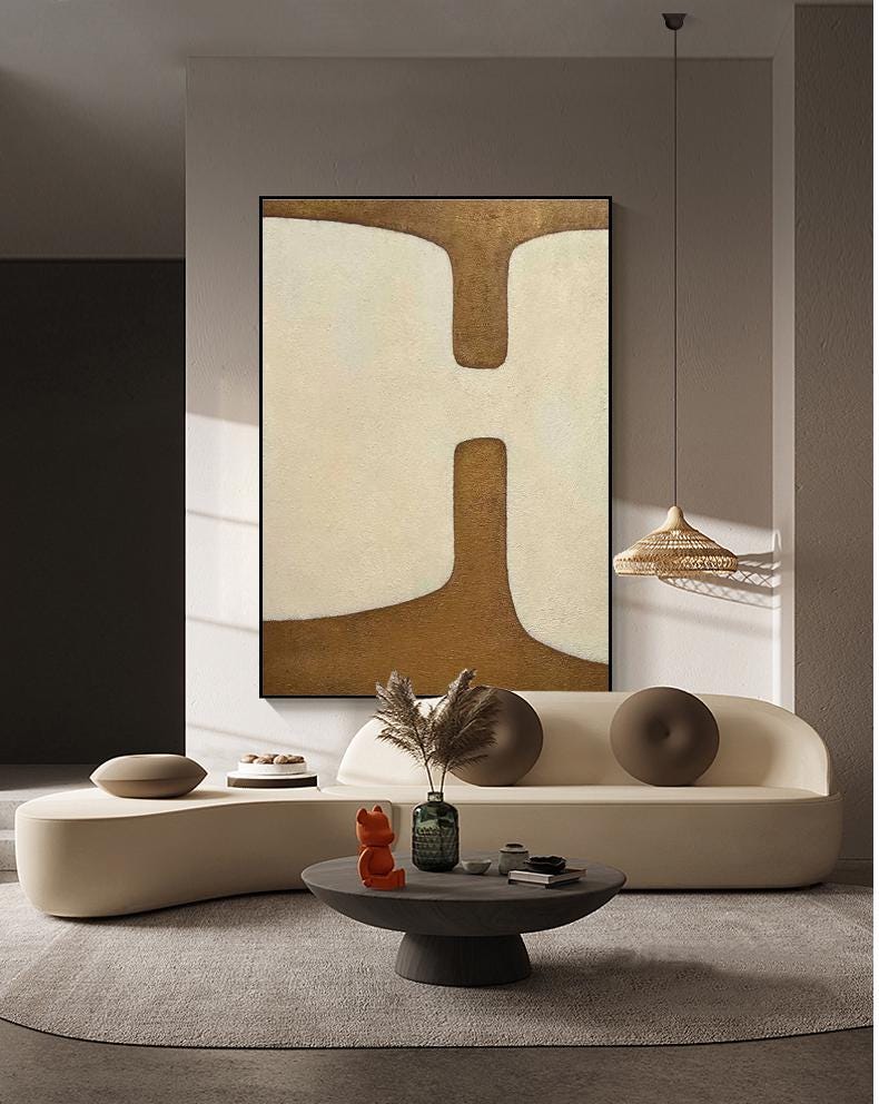 Beige and Brown Abstract Oil Painting on Canvas, Original Geometric Canvas Wall Art, Modern Textured Wall Art for Living Room, Home Décor