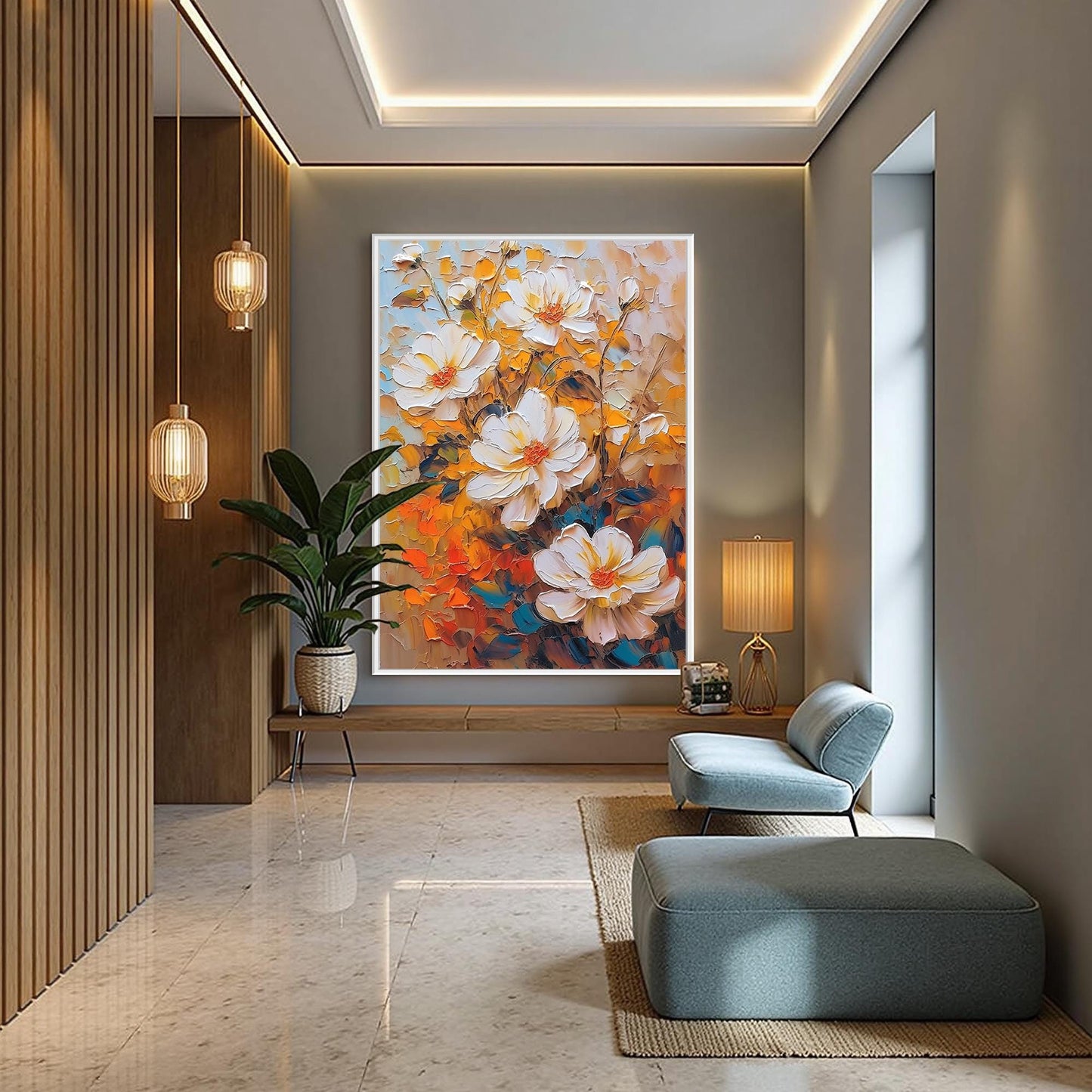 Textured Floral Oil Painting, White Flowers, Vibrant Orange Background, Canvas Art – Orange and White Floral Wall Art | Impas