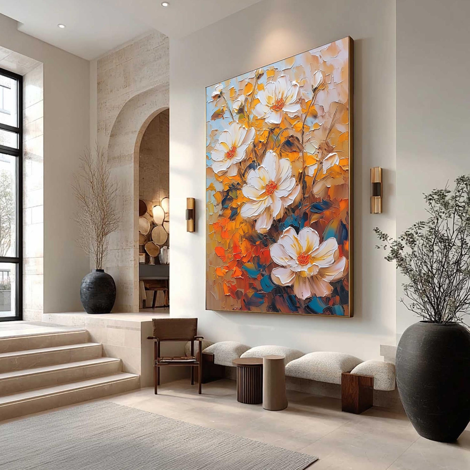 Textured Floral Oil Painting, White Flowers, Vibrant Orange Background, Canvas Art – Orange and White Floral Wall Art | Impas