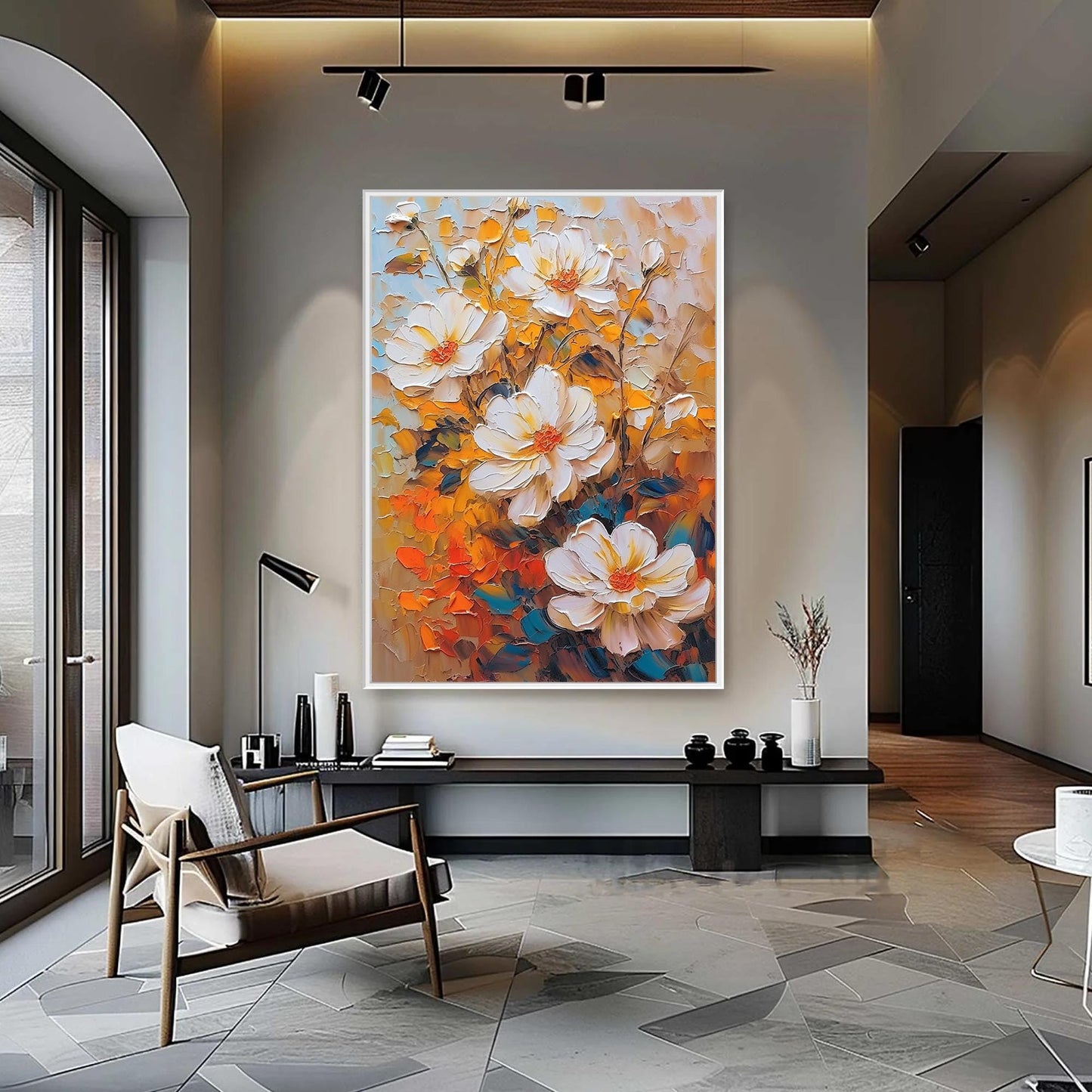 Textured White Flowers Oil Painting – Vibrant Orange Floral Wall Art