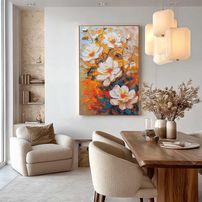 Textured White Flowers Oil Painting – Vibrant Orange Floral Wall Art