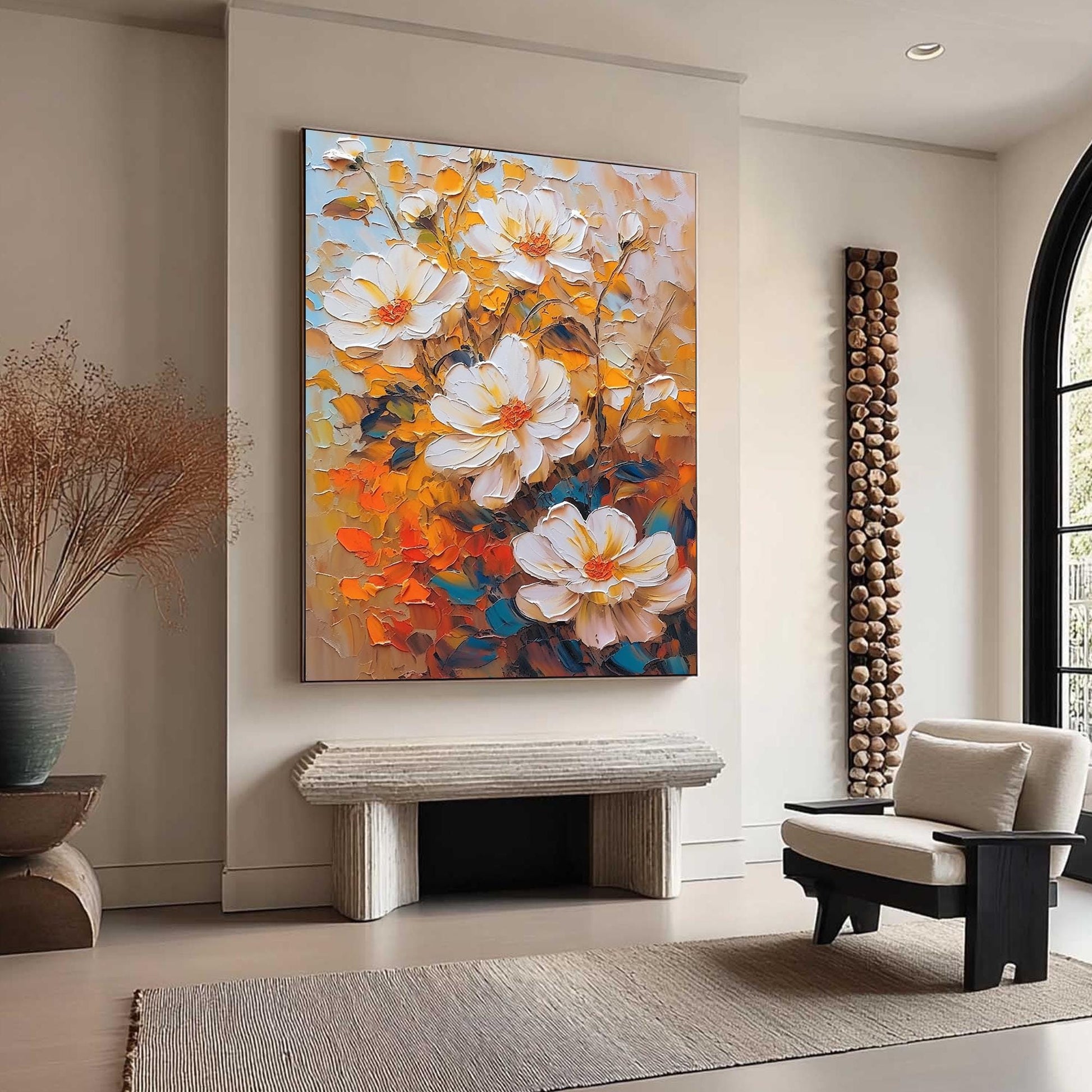 Textured Floral Oil Painting, White Flowers, Vibrant Orange Background, Canvas Art – Orange and White Floral Wall Art | Impas