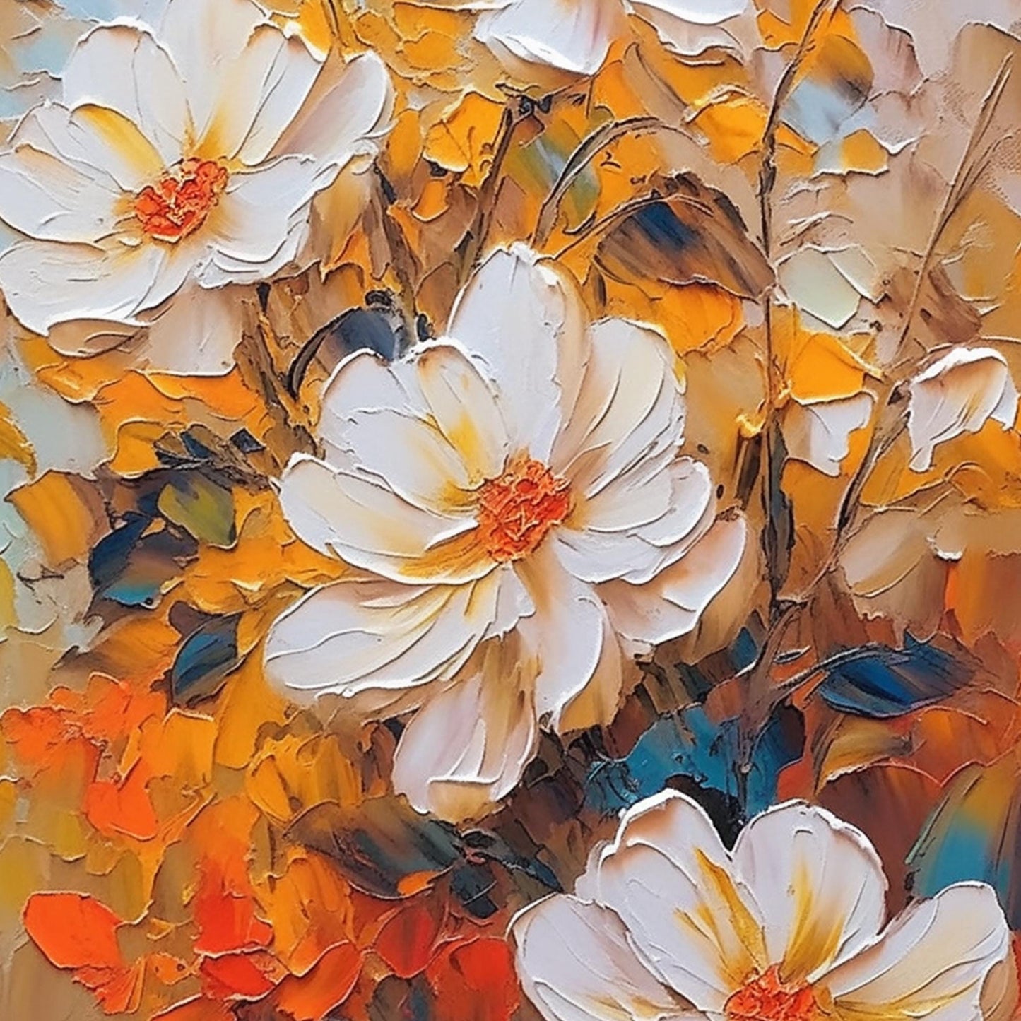 Textured White Flowers Oil Painting – Vibrant Orange Floral Wall Art