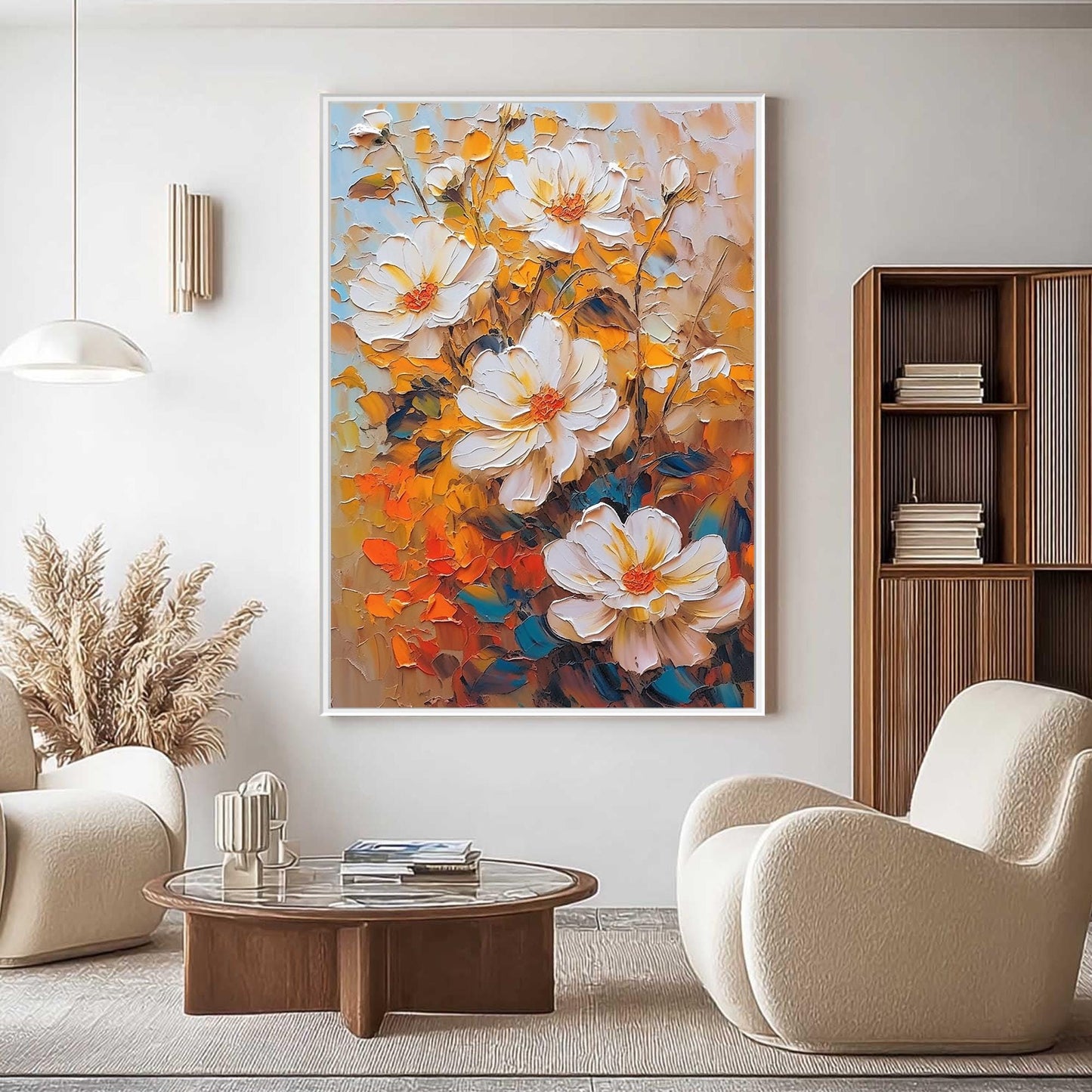 Textured Floral Oil Painting, White Flowers, Vibrant Orange Background, Canvas Art – Orange and White Floral Wall Art | Impas
