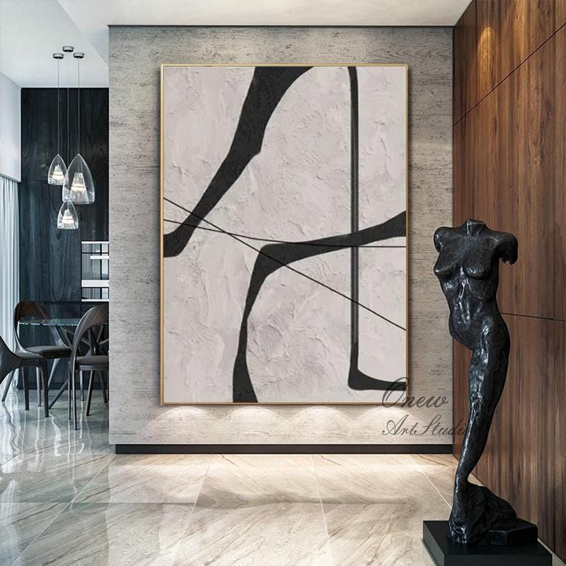 Black and Gray Abstract Oil Painting on Canvas, Original Geometric Canvas Wall Art, Modern Textured Wall Art for Living Room, Home Décor
