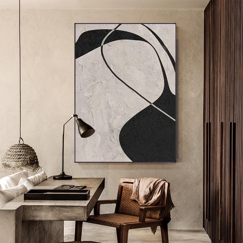 Black and Gray Abstract Oil Painting on Canvas, Original Geometric Canvas Wall Art, Modern Textured Wall Art for Living Room, Home Décor