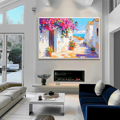 Mediterranean Street – Blue and Gold Abstract Wall Art | Impasto Oil Painting, view 5