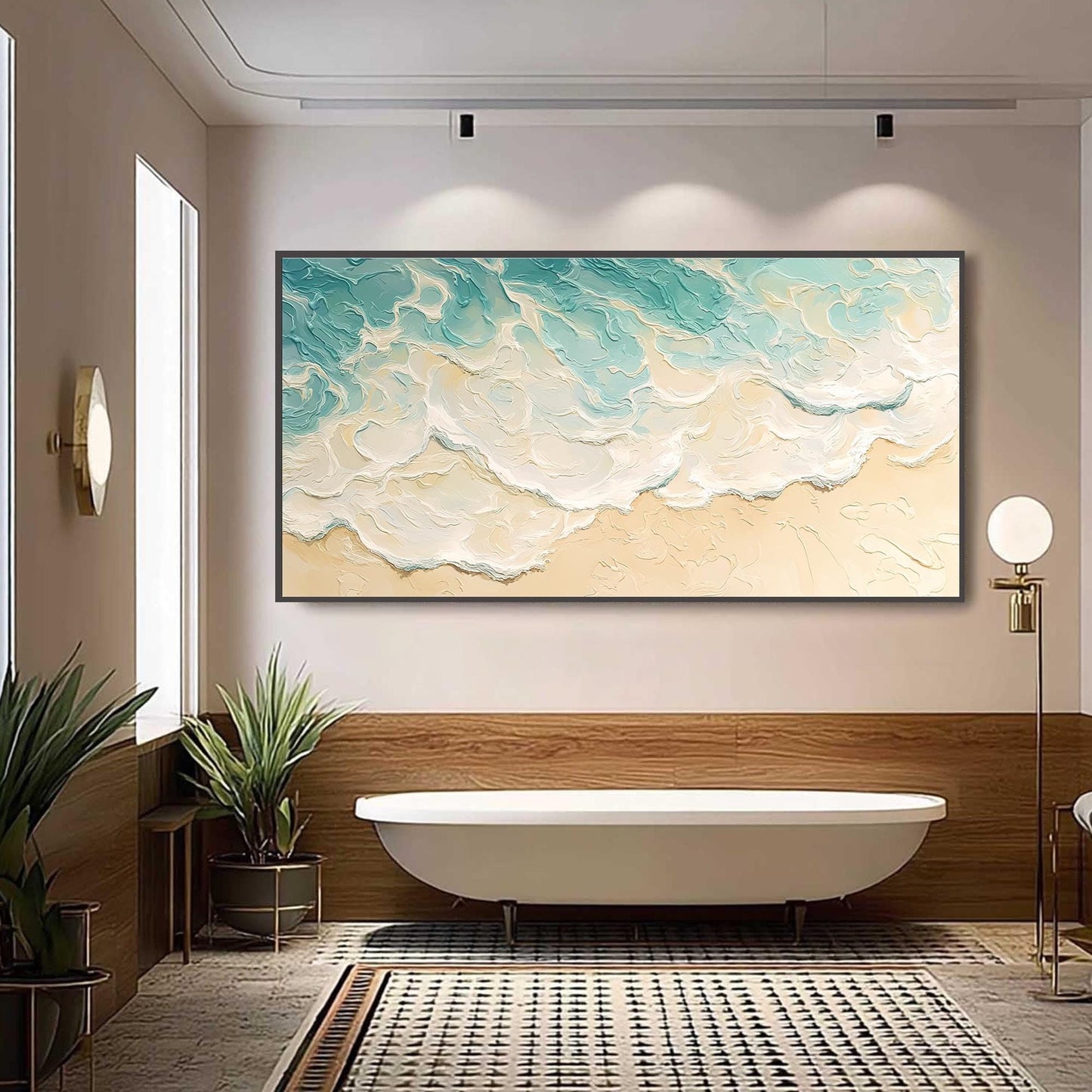 Textured Ocean Wave Oil Painting, Turquoise Beach Scene Canvas Art – Turquoise and White Ocean Wave Seascape Wall Art | Textu