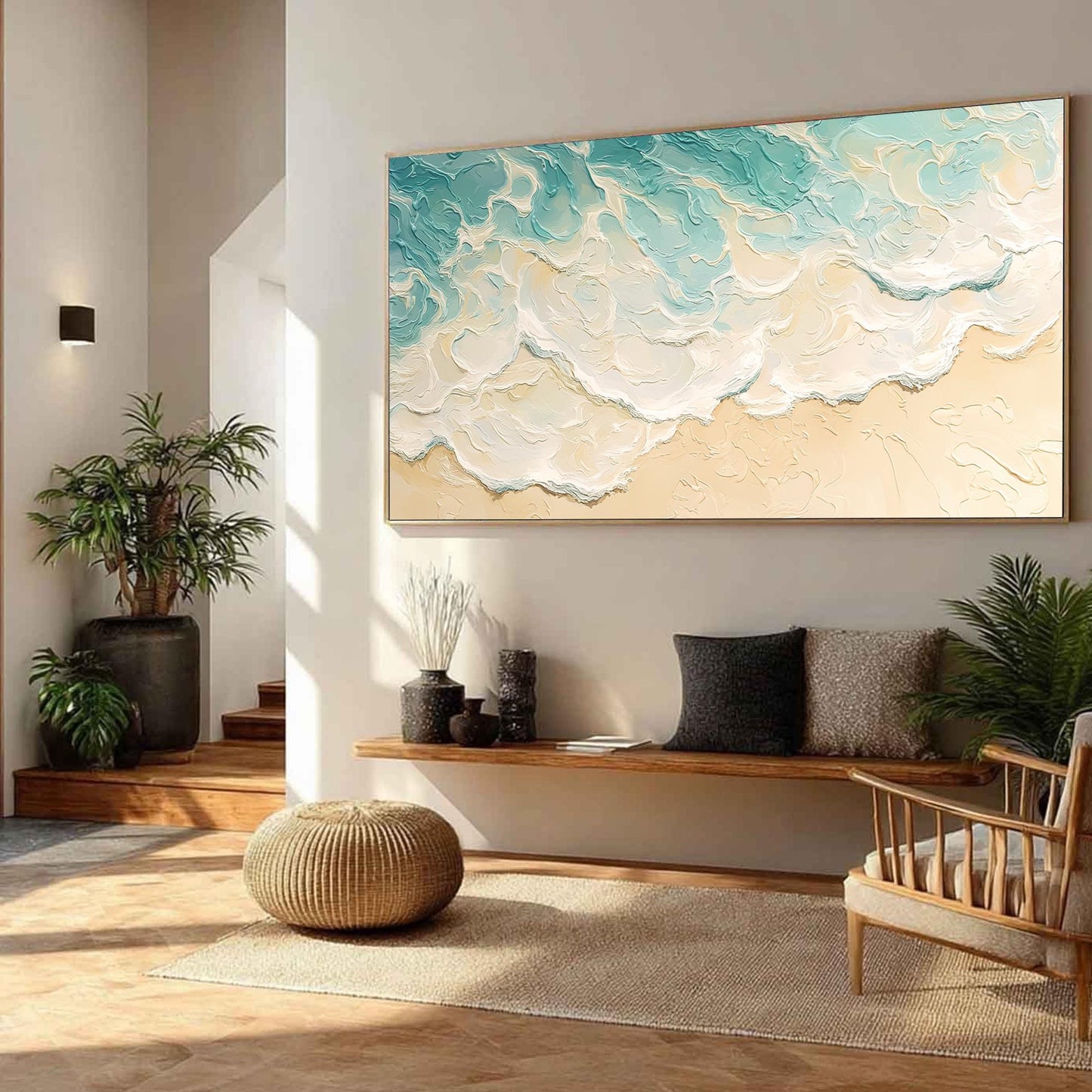 Textured Ocean Wave Oil Painting, Turquoise Beach Scene Canvas Art – Turquoise and White Ocean Wave Seascape Wall Art | Textu