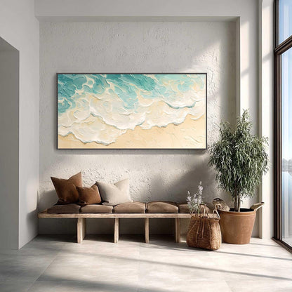 Textured Ocean Wave Oil Painting, Turquoise Beach Scene Canvas Art – Turquoise and White Ocean Wave Seascape Wall Art | Textu