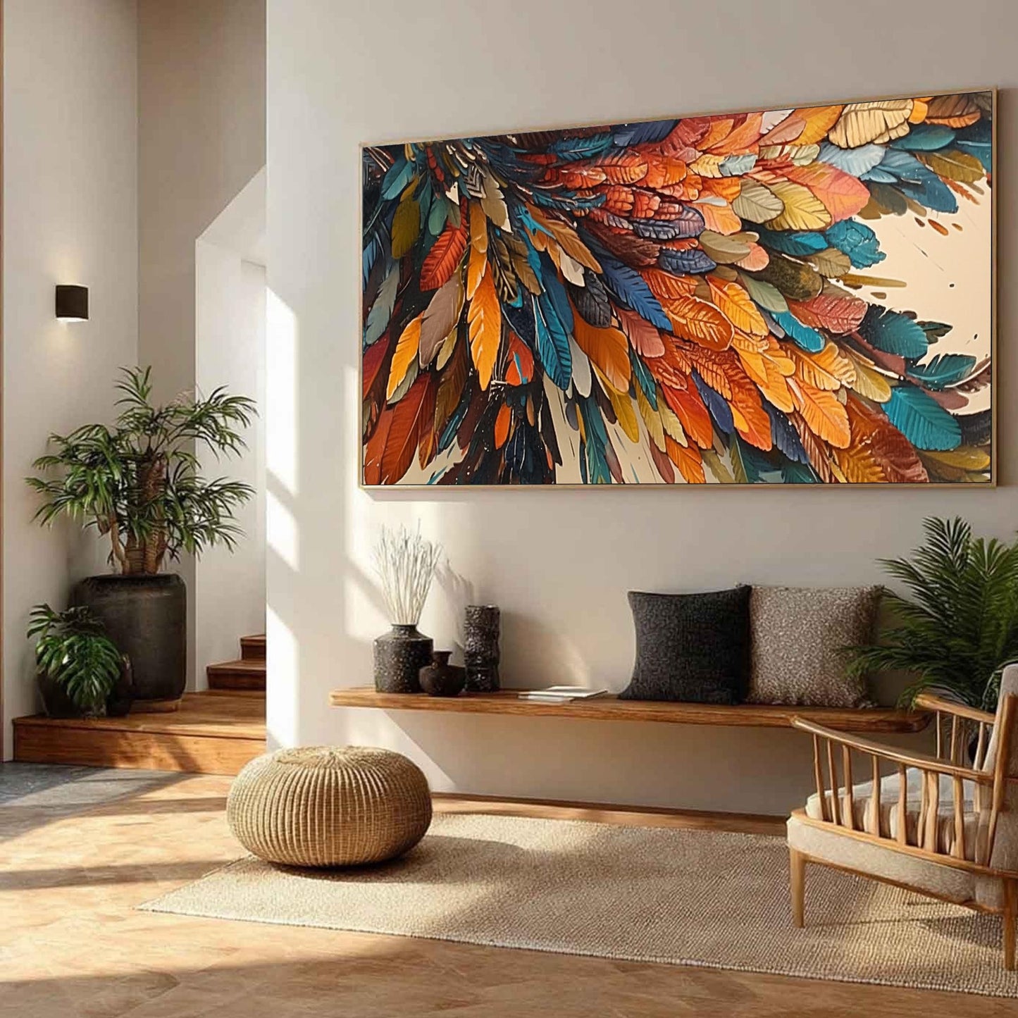 Abstract Feather Oil Painting, Vibrant Colors, Modern Wall Art – Colorful Bird Animal Wall Art | Abstract Textured Hand-Paint