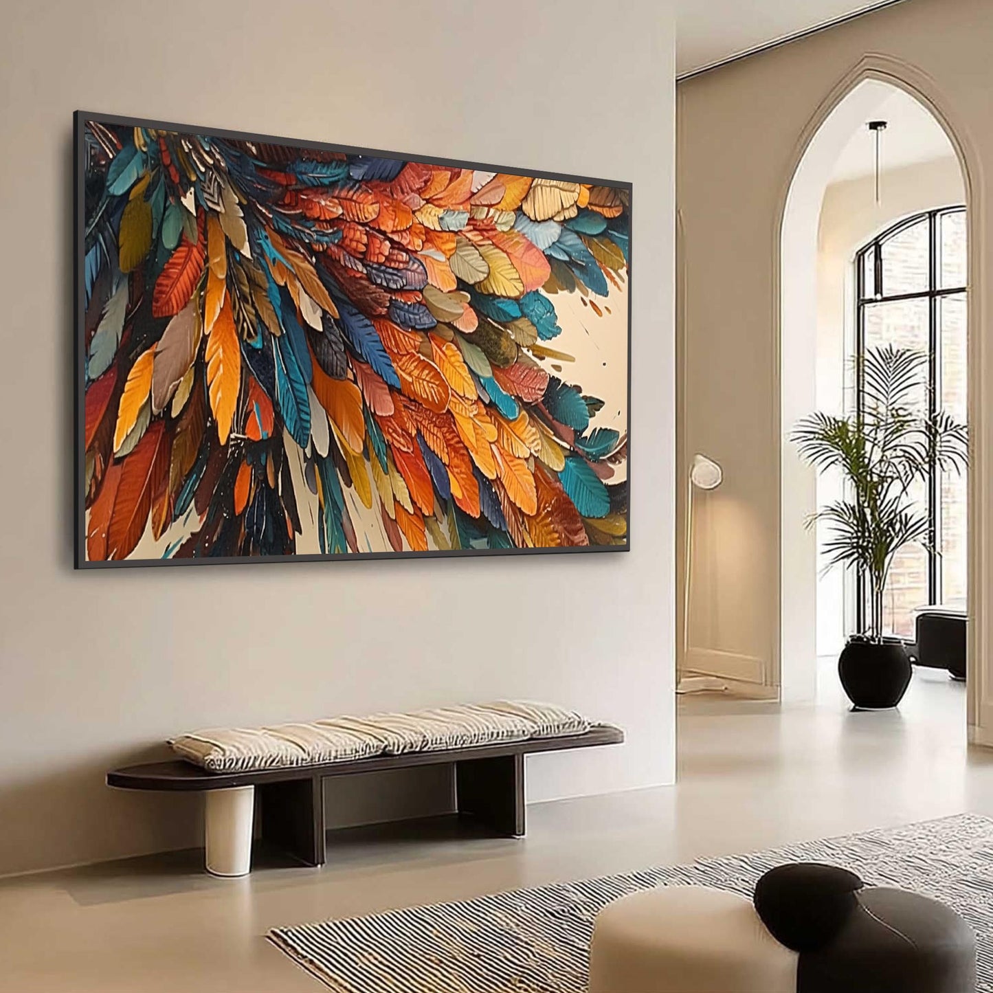 Abstract Feather Oil Painting, Vibrant Colors, Modern Wall Art – Colorful Bird Animal Wall Art | Abstract Textured Hand-Paint