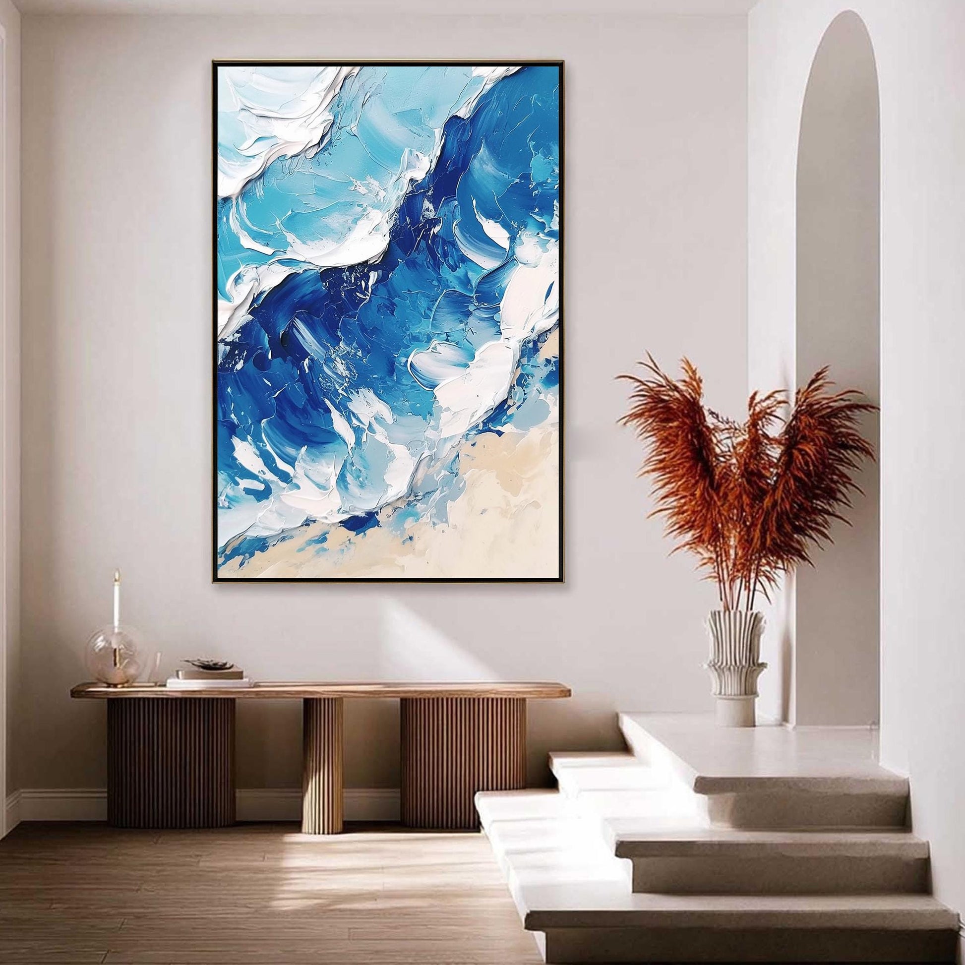 Textured Ocean Wave Oil Painting, Blue White Canvas Wall Art, Living Room Decor – Cobalt and Navy Ocean Wave Seascape Wall Ar