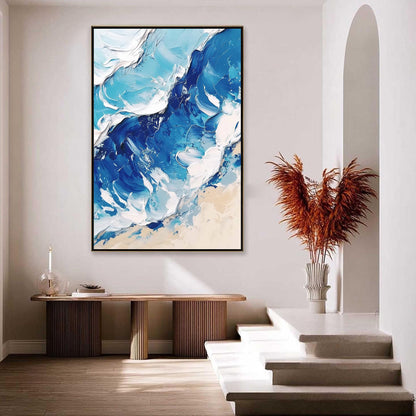 Textured Ocean Wave Oil Painting, Blue White Canvas Wall Art, Living Room Decor – Cobalt and Navy Ocean Wave Seascape Wall Ar