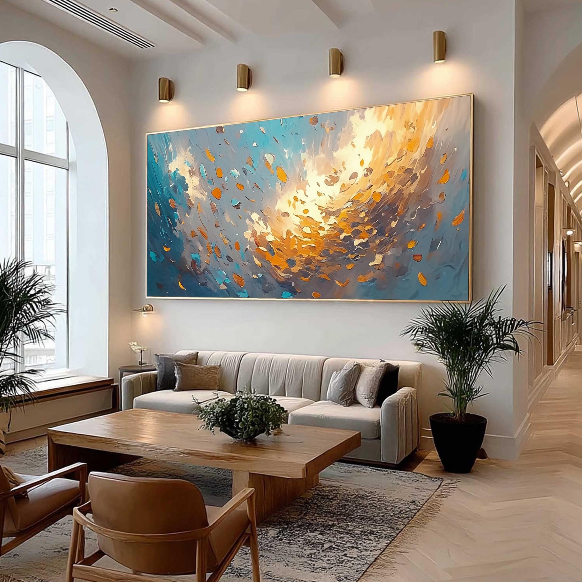Abstract Leaves Oil Painting, Textured Impasto Art, Large Canvas Wall Decor – Blue and Orange Botanical Leaf Wall Art | Abstr