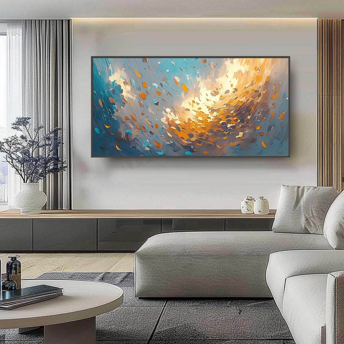 Blue and Orange Abstract Impasto Botanical Leaf Wall Art – Abstract Leaves Oil Painting