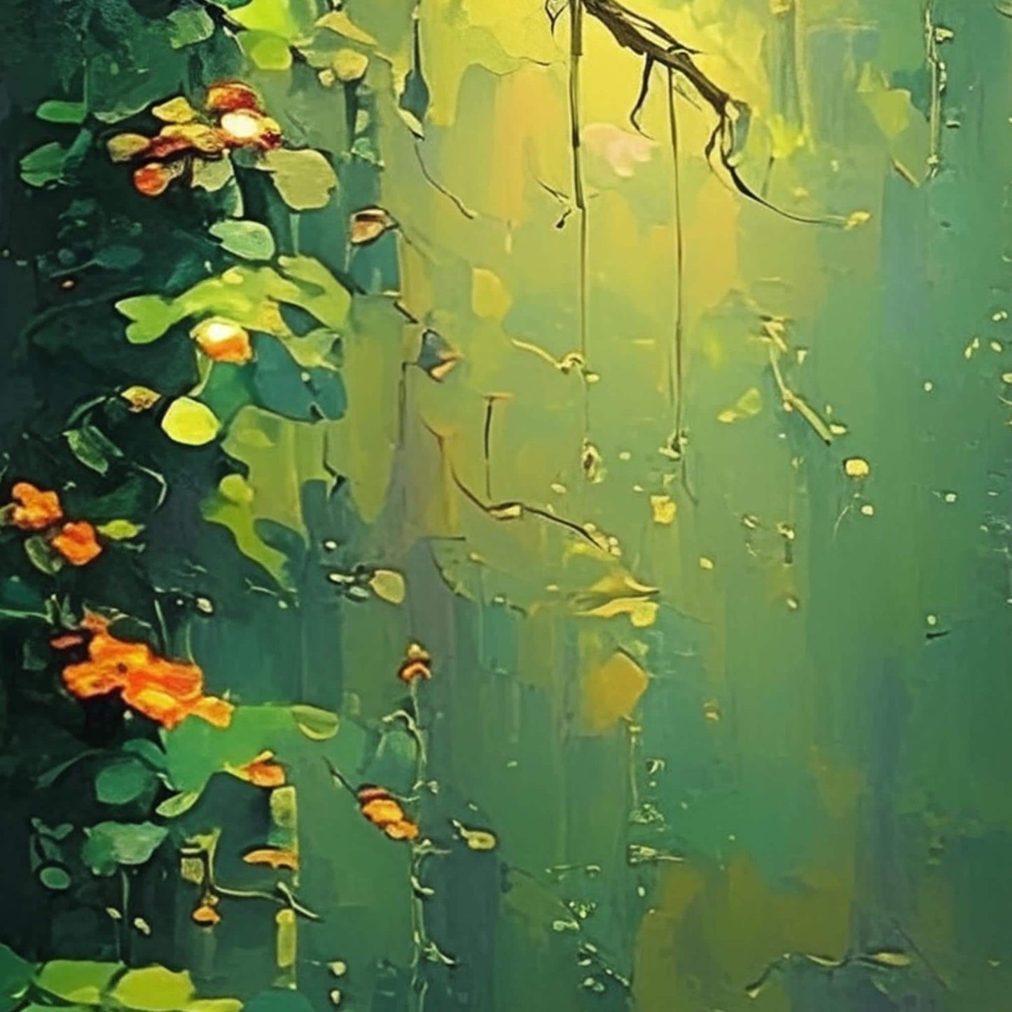 Green and Orange Abstract Floral Wall Art