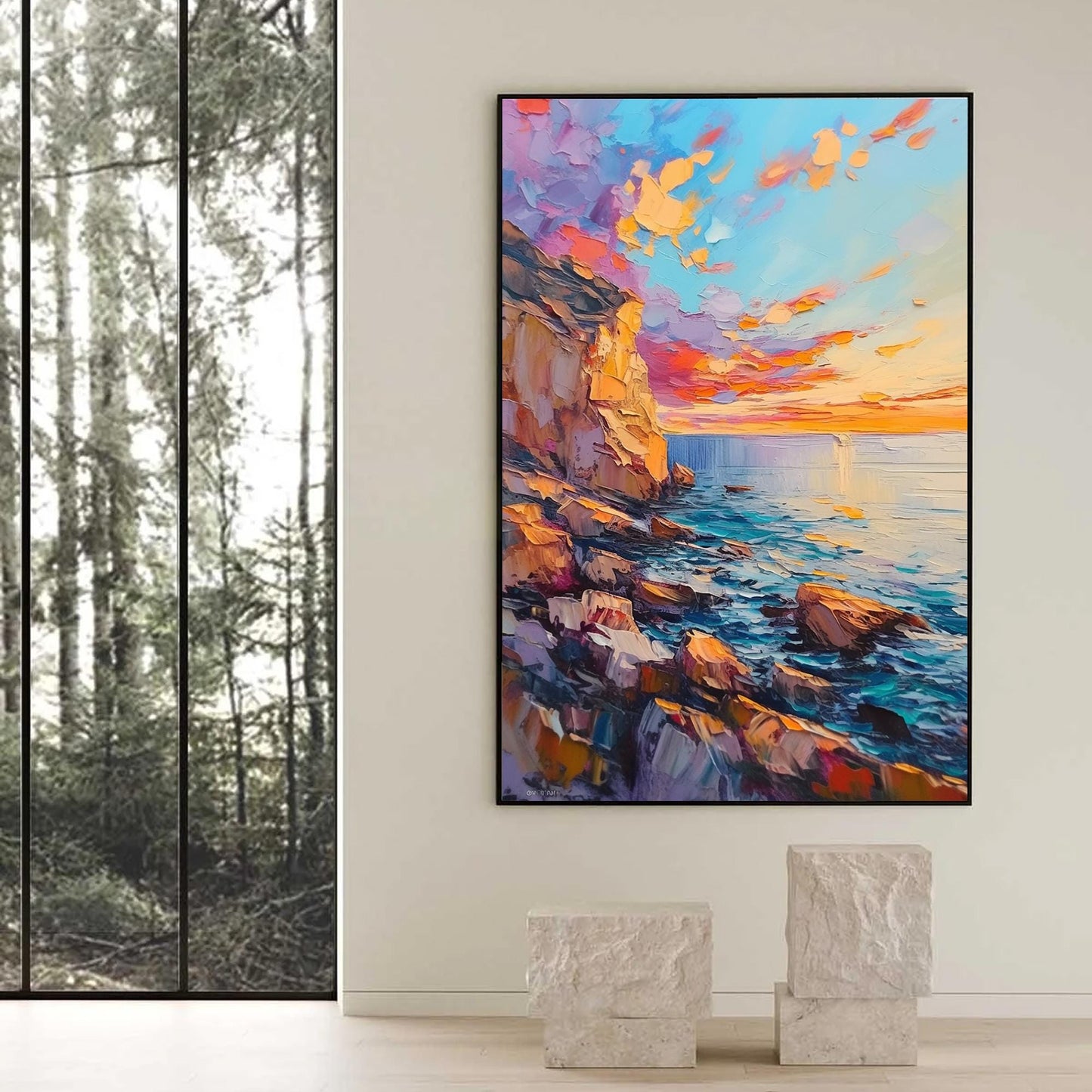 Textured Seascape Oil Painting, Vibrant Sunset Cliffs, Rocky Shoreline, Orange Blue Palette – Blue and Orange Shoreline Seasc