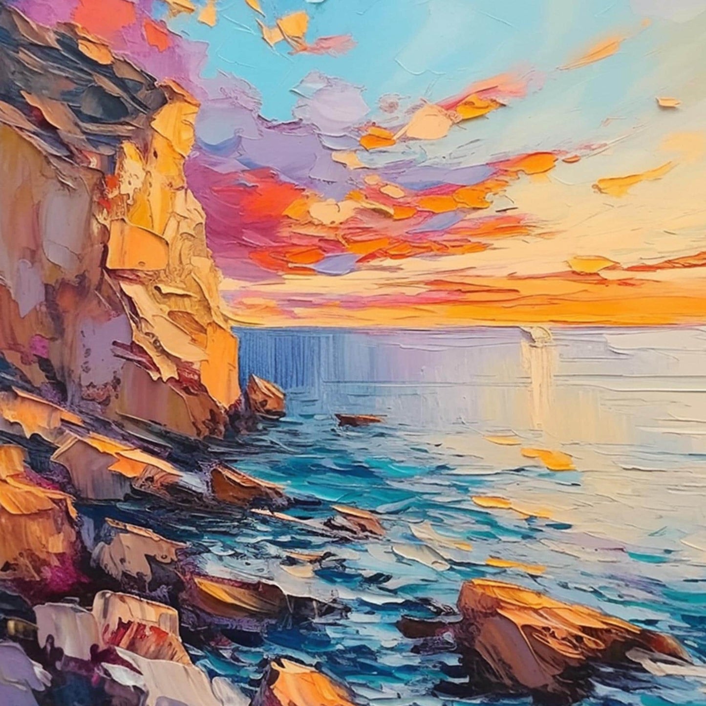 Blue and Orange Impasto Shoreline Seascape Wall Art