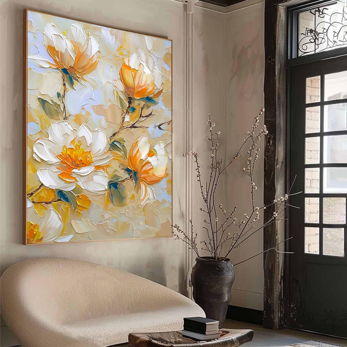 Original – Blue and Green Floral Wall Art | Impasto Hand-Painted Oil Painting, view 3