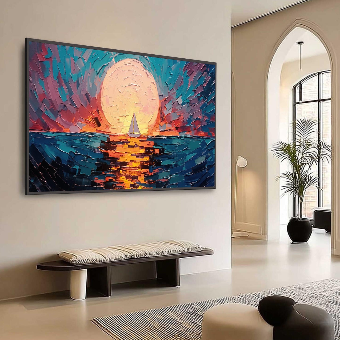 Sunset Sailboat Painting – Sailboat Abstract Wall Art | Impasto Oil Painting, view 3
