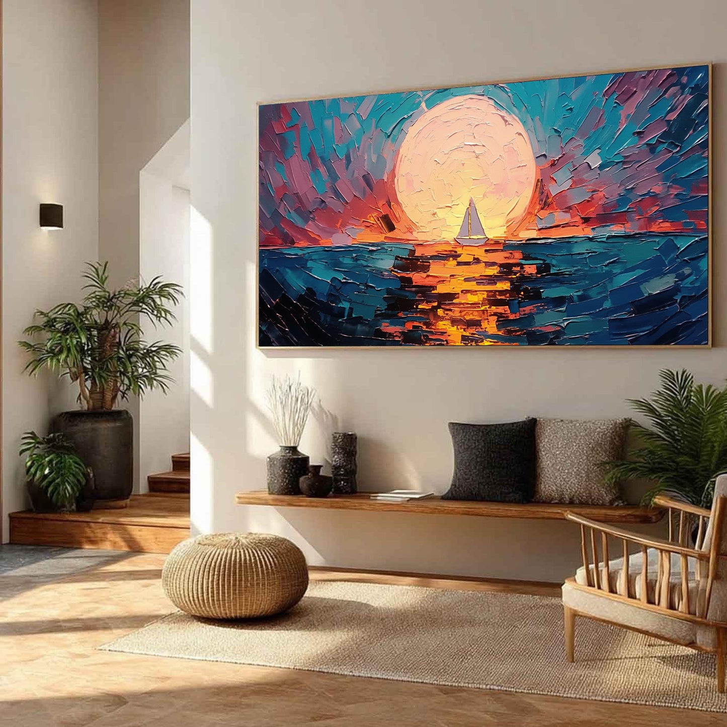 Sunset Sailboat Painting – Sailboat Abstract Wall Art | Impasto Oil Painting, view 2