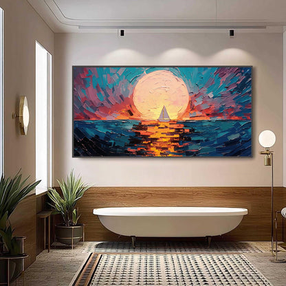 Textured Impasto Sunset Sailboat Oil Painting – Abstract Wall Art