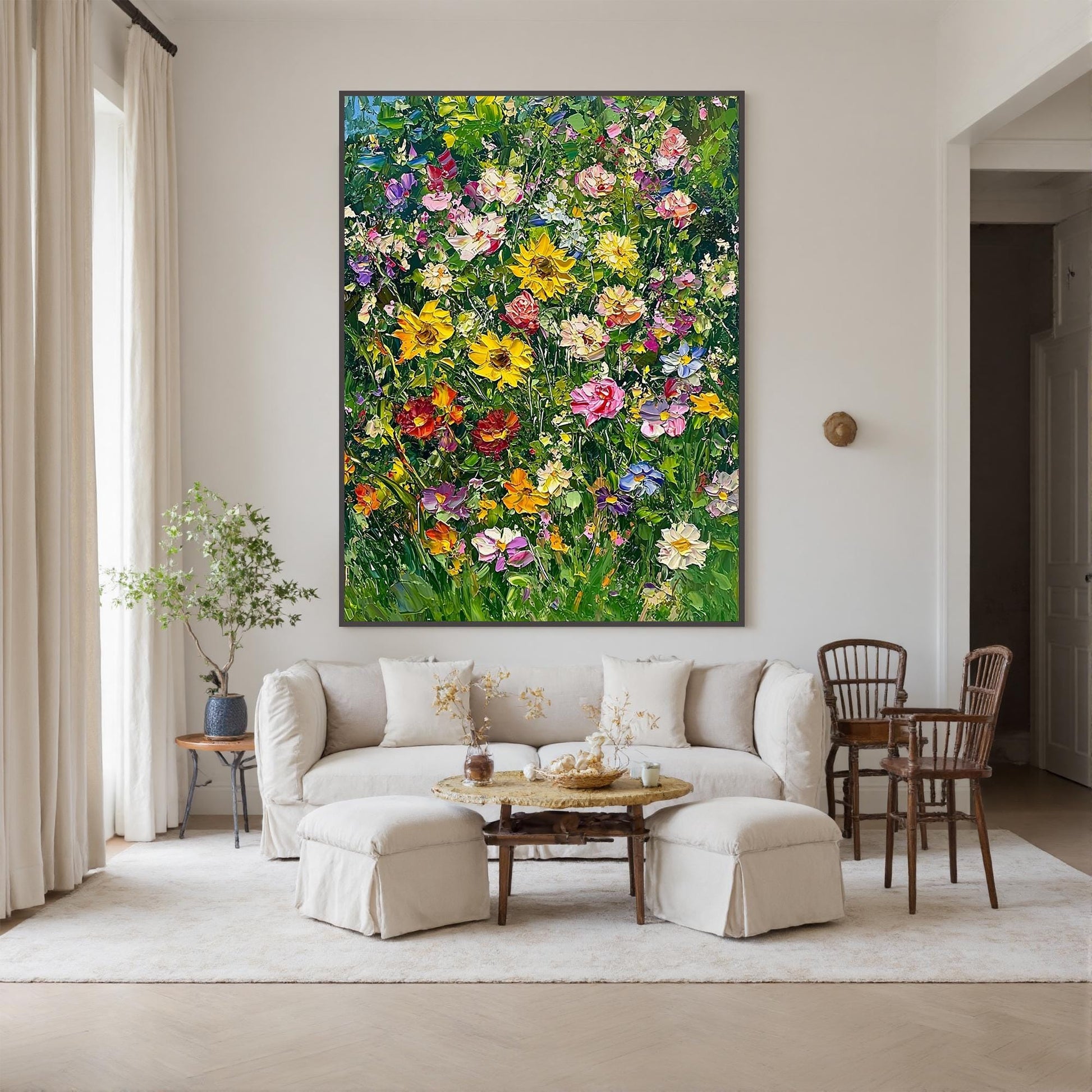 Original – Green and Yellow Floral Wall Art | Impasto Hand-Painted Oil Painting, view 5