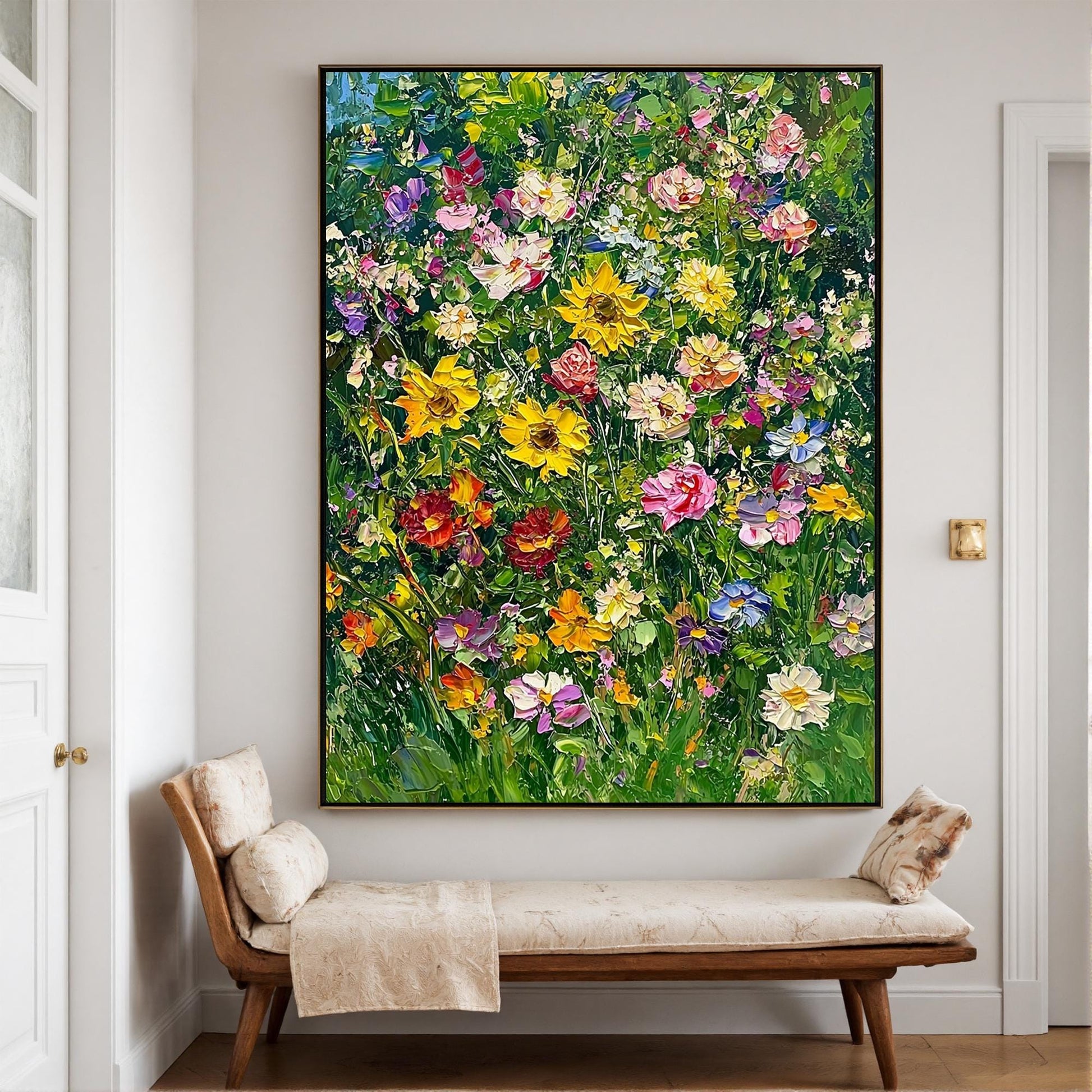 Original – Green and Yellow Floral Wall Art | Impasto Hand-Painted Oil Painting, view 3