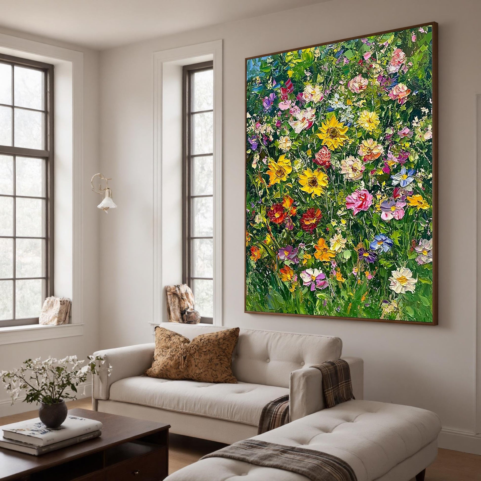 Original – Green and Yellow Floral Wall Art | Impasto Hand-Painted Oil Painting, view 4
