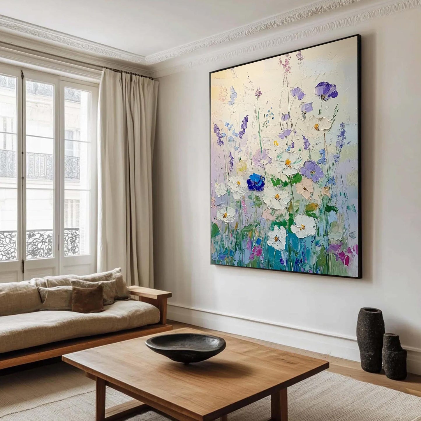 Original – Blue and Green Floral Wall Art | Impasto Hand-Painted Oil Painting, view 3