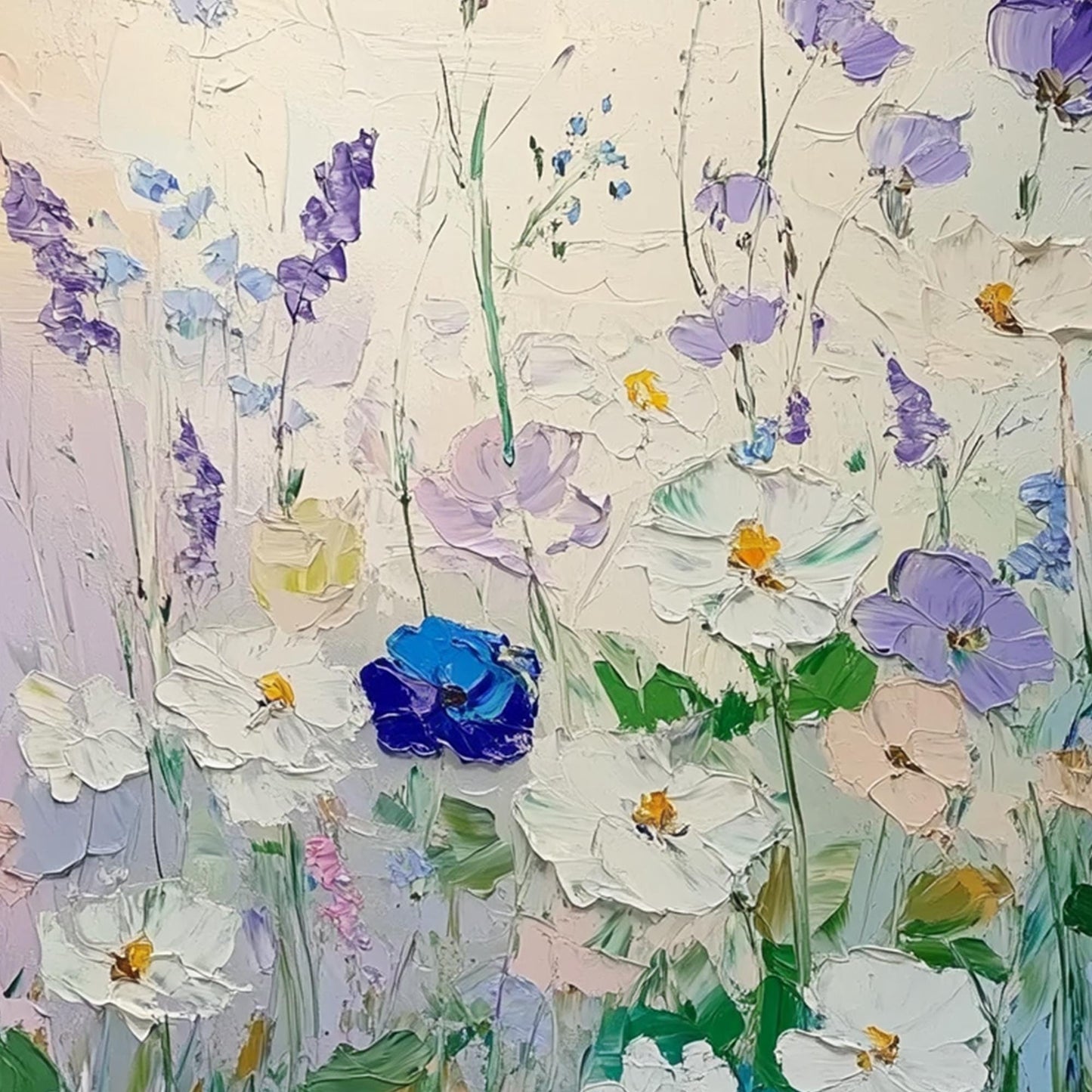 Blue and Green Impasto Floral Wall Art – Textured White Purple Blue Flowers Oil Painting